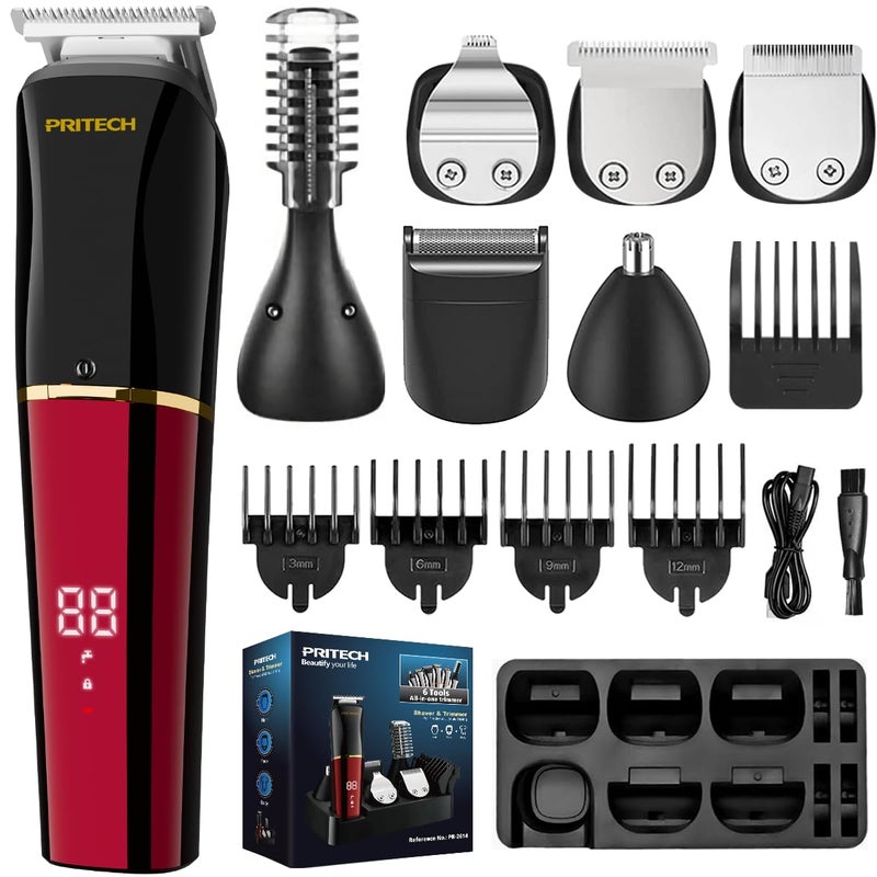 PRITECH Beard Trimmer for Men6 in 1 Hair Clippers Kit Precision Cordless Grooming Kit Waterproof IPX6 for Beard Hair Body Nose Ear with Foil Razor Red